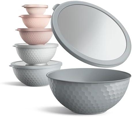 COOK WITH COLOR Mixing Bowls with Lids - 12 Piece Plastic Nesting Bowls Set includes 6 Prep Bowls and 6 Lids, Microwave Safe Mixing Bowl Set, Pink Embossed