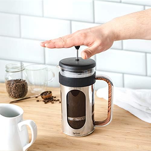 brim 8 Cup French Press, Quickly Brew Coffee in Under 5 Minutes, Classic Design with Modern Twist, Dishwasher Safe Carafe for Easy Cleaning, Replacement Filter Included, Stainless Steel/Wood