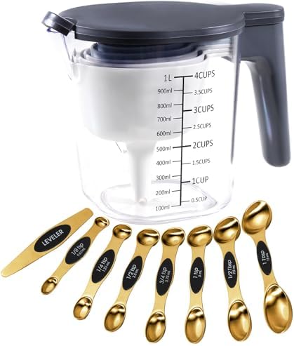 18-Pc Magnetic Measuring Cups and Spoons Set, with Lid, Golden