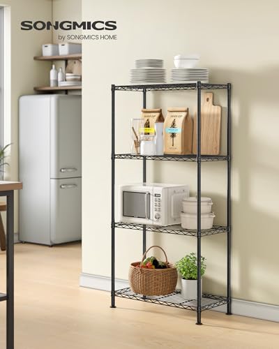 SONGMICS 4-Tier Storage Shelves, Adjustable Wire Shelving Unit, 8 Hooks