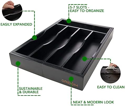 Expandable Bamboo Kitchen Drawer Organizer for Cutlery and Utensils, Adjustable Bamboo Wood Cutlery Tray in Drawer for Flatware and Silverware in Kitchen, (Black)
