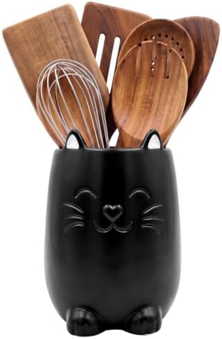 Yungyan Ceramic Black Cat Utensil Holder for Kitchen