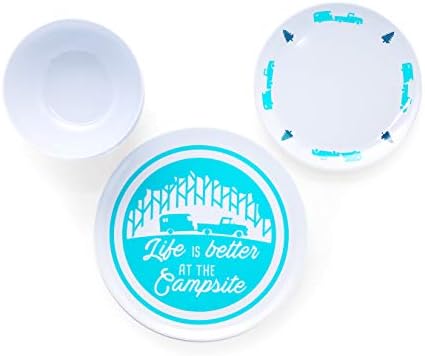Camco Life is Better at The Campsite Dishware Set | Includes (4) Large Dinner Plates, (4) Small Salad Plates and (4) Bowls | Top Rack Dishwasher Safe | Blue Tree and Truck Design (53294)