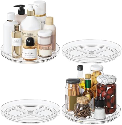 4 Pack 9 Inch Clear Lazy Susan Turntable Organizer, Non-Skid Rotating Tray for Cabinet, Kitchen Pantry Organization and Storage, Acrylic Spinner for Refrigerator, Bathroom Vanity and Spice Rack
