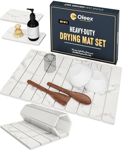 Oleex 3-Pack Stone Dish Drying Mat Set Includes 1 Large 24”x16” & 2 Small 4”x9” for Kitchen Counter-Collapsible Diatomaceous Earth Pad Absorbs Water & Dries Dishes Fast, Non-slip, Odor-Resistant Mats