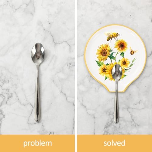 JarThenaAMCS 2Pcs Summer Bee Ceramic Spoon Rest Yellow Black Sunflower Bee Small Coffee Spoon Holder for Stove Top Stirrers Teaspoon Bar Coffee Station Accessories,4.7 Inch