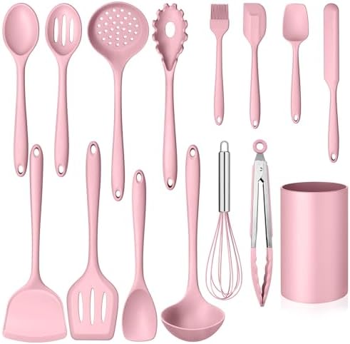 Homikit 15-Piece Kitchen Utensil Set, Pink Silicone Utensils with Holder