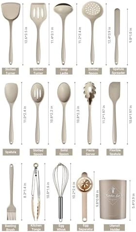 Silicone Kitchen Utensils Set - 15 Pieces Non Toxic Silicone Utensils Set For Cooking，428°F Heat Resistant Food Grade Kitchen Tools，Dishwasher Safe(Khaki, 15 Piece Set)