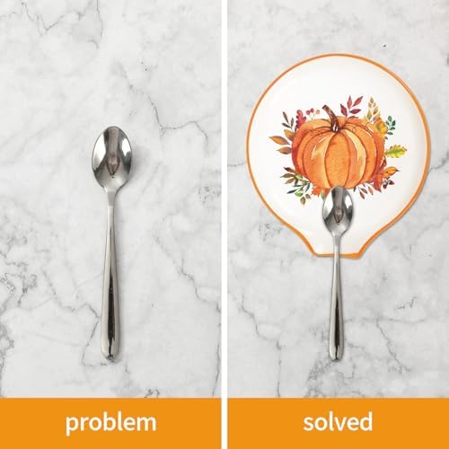 JarThenaAMCS 4.7inch 2Pcs Fall Spoon Rest Orange Green White Pumpkin Sunflower Leaves Small Coffee Spoon Holder for Autumn Thanksgiving Bar Coffee Station Accessories