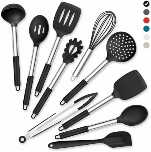Onader Silicone Kitchen Utensils Set of 10, Cooking Utensils with Holder and Heat Resistant Stainless Steel Handle for Nonstick Cookware - Black