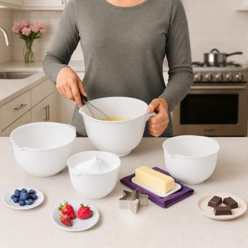 Glad Mixing Bowls with Pour Spout, Set of 4 - Nesting Plastic Bowls (1.2qt, 1.9qt, 2.8qt, and 3qt with Handle) - Non Slip Base, Dishwasher Safe Kitchen Cooking and Baking Supplies, Grey