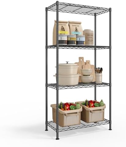 SONGMICS 4-Tier Storage Shelves, Adjustable Wire Shelving Unit, 8 Hooks