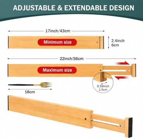 Lzerking Kitchen Drawer Dividers 4 Pack Adjustable Bamboo Drawer Organizer