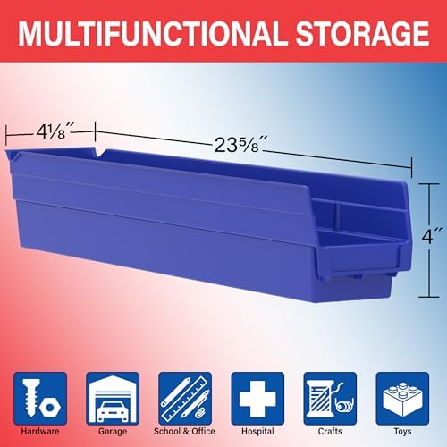 Akro-Mils 30124 Heavy Duty Plastic Shelf Bins, 24"x 4"x 4", Red, 12-Pack