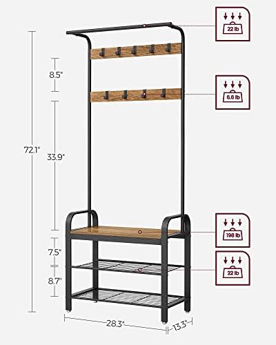 VASAGLE Coat Rack, Hall Tree with Shoe Bench for Entryway, Entryway Bench with Coat Rack, 4-in-1, with 9 Removable Hooks, a Hanging Rod, 13.3 x 28.3 x 72.1 Inches, Rustic Walnut and Black UHSR040B41