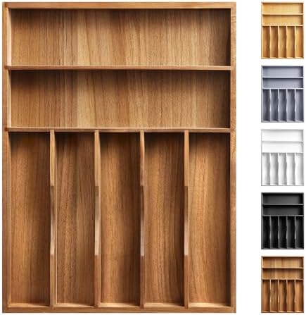 Kitchen Acacia Silverware Organizer - Extra Deep Grooved Drawer Divider, 7 Slot Utensil Organizer