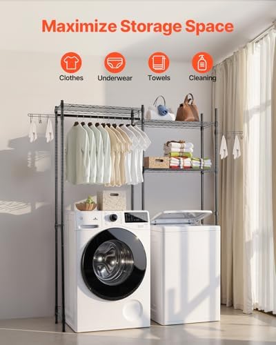 VEVOR Over the Washer and Dryer Storage Shelf, 5 Tier Laundry Room Drying Rack with Hanger Rod and Hooks, Adjustable Over Washer and Dryer Shelves, Laundry Room Shelf Storage Space Saver, Black