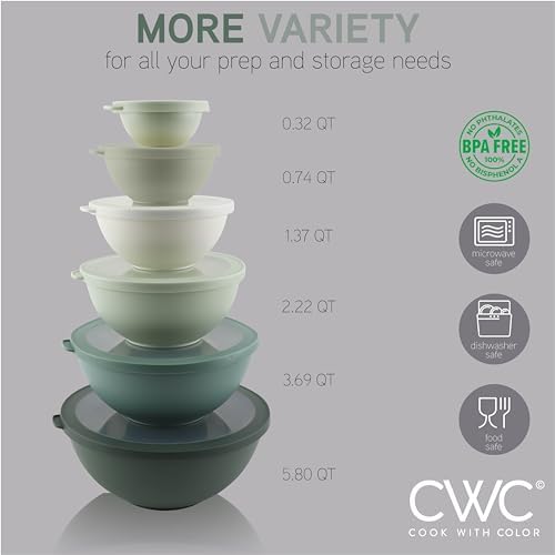 COOK WITH COLOR Mixing Bowls with TPR Lids - 12 Piece Plastic Nesting Bowls Set includes 6 Prep Bowls and 6 Lids - Microwave Safe (Sage)