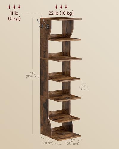 VASAGLE 7-Tier Vertical Shoe Rack, Narrow Shoe Storage Organizer with Hooks