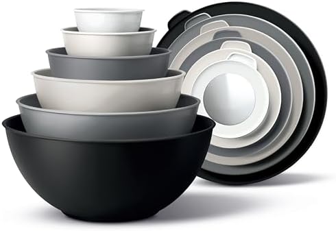 COOK WITH COLOR Mixing Bowls with TPR Lids - 12 Piece Plastic Nesting Set includes 6 Prep and Lids, Microwave Safe Bowl (Black Ombre)