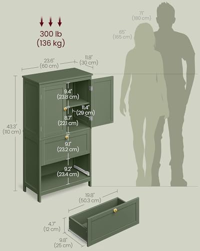 VASAGLE Bathroom Floor Cabinet with 2 Doors, 2 Drawers, Forest Green