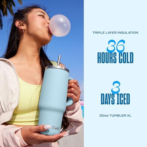 S'well Recycled Stainless Steel Tumbler XL with Straw and Handle, 30oz, Powder Blue, Triple Layered Vacuum Insulated Container Keeps Drinks Cold 36 hours and Hot for 9, BPA Free