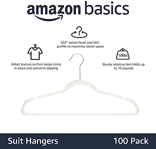 Amazon Basics Slim Velvet Non-Slip Space Saving Suit Clothes Hangers for Closet Organization, Ivory/Beige, 100-Pack