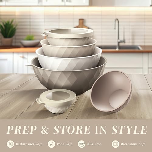 COOK WITH COLOR Mixing Bowls with Lids - 12 Piece Plastic Nesting Bowls Set includes 6 Prep Bowls and 6 Lids, Microwave Safe Mixing Bowl Set, Brown Diamond