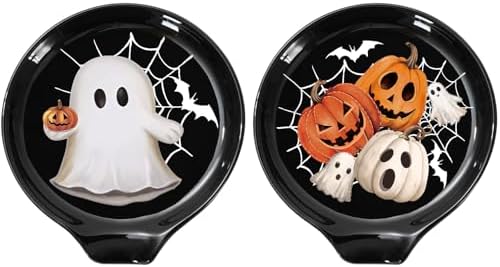 JarThenaAMCS 2Pcs 4.7inch Halloween Spoon Rest Black White Orange Ghost Pumpkin Small Coffee Spoon Holder for Halloween Bar Coffee Station Accessories