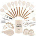 Country Kitchen Non Stick Silicone Utensil Set with Rounded Wood Handles for Cooking and Baking, 38 Piece Set, Khaki