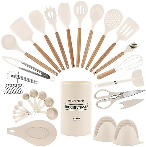Country Kitchen Non Stick Silicone Utensil Set with Rounded Wood Handles for Cooking and Baking, 38 Piece Set, Khaki
