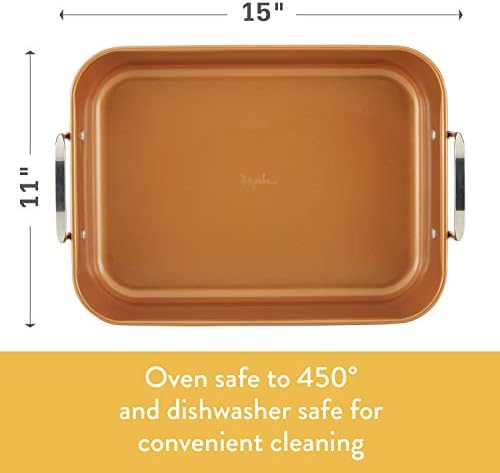 Ayesha Curry Nonstick Roaster / Roasting Pan with Rack - 11 Inch x 15 Inch, Brown