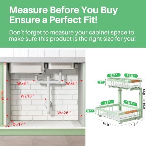 Kitstorack Under Sink Organizer, 2 Tier Under the Sink Storage, Slide out Pull out Cabinet Organizer Shelf, Metal Sliding Drawer for Kitchen Bathroom Pantry Closet Organization Rack, Green, 2 Pack