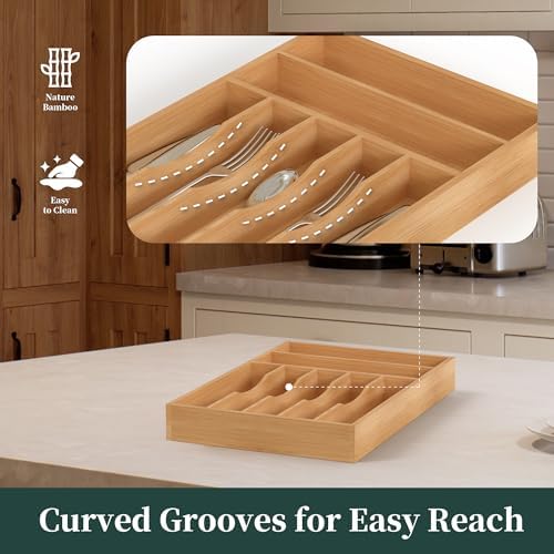 Silverware Organizer, Bamboo Kitchen Drawer Organizer, Utensil Holder, Cutlery Tray & Spoon Flatware Storage with Grooved Drawer Dividers (11''W x 16''D)