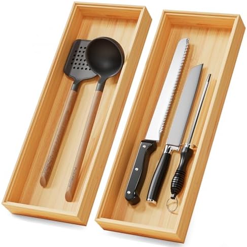 Long Bamboo Kitchen Drawer Organizer Boxes 17" x 6" Wood Pantry Organizers