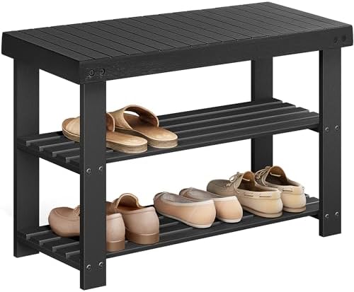 SONGMICS Shoe Rack Bench, 3-Tier Bamboo Entryway Bench, 27.6 Inches Width
