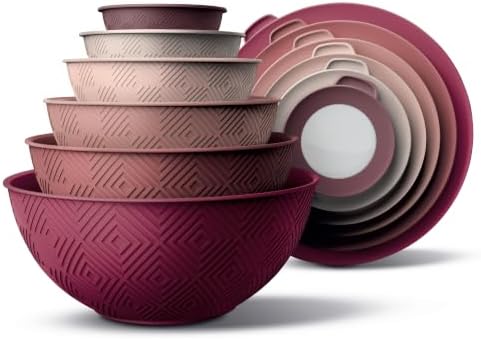 COOK WITH COLOR Mixing Bowls with Lids - 12 Piece Plastic Nesting Bowls Set includes 6 Prep Bowls and 6 Lids, Microwave Safe Mixing Bowl Set, Rose Rhombus