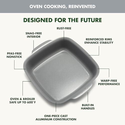 GreenPan Premiere Ovenware Healthy Ceramic Nonstick 8" Square Cake Baking Pan, Cast Aluminum Bakeware, Warp-Free, Oven and Broiler safe to 600F, Dishwasher Safe, PFAS-Free, Gray
