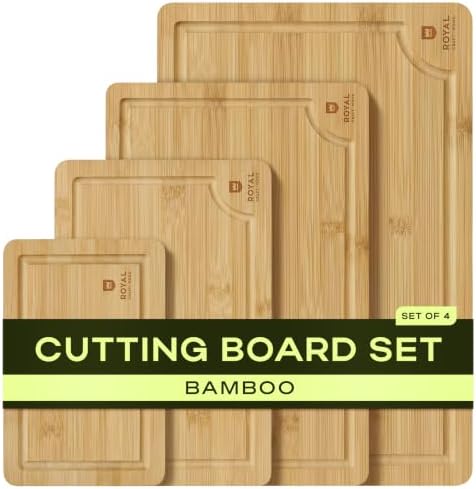 ROYAL CRAFT WOOD Wooden Cutting Boards for Kitchen Meal Prep & Serving - Bamboo Wood Serving Board Set with Deep Juice Groove Side Handles - Charcuterie & Chopping Butcher Block for Meat