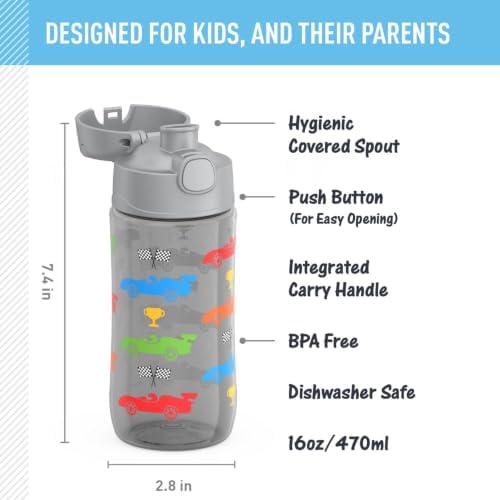 THERMOS FUNTAINER 16oz Plastic Bottle with Spout Lid, Off To The Races
