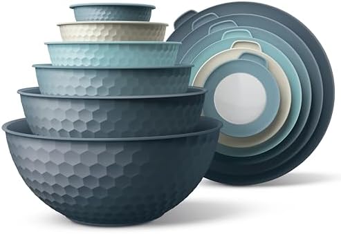 COOK WITH COLOR Mixing Bowls with Lids - 12 Piece Plastic Nesting Bowls Set includes 6 Prep Bowls and 6 Lids, Microwave Safe Mixing Bowl Set, Blue Embossed