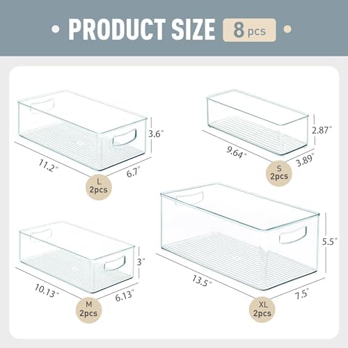 Heyuzb 8 PACK Freezer Organizer Bins Fridge Organizers and Storage Stackable Refrigerator Organizers Bins with Side Handles Clear Storage Bins for Pantry, Under Sink, Kitchen Cabinet