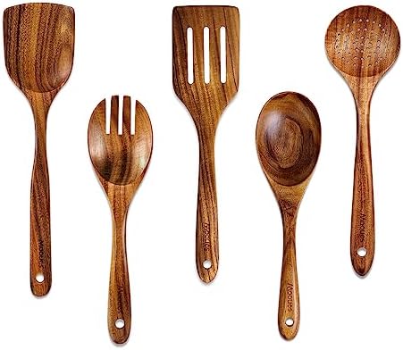 Wooden Kitchen Utensil Set, 5 PCS Natural Teak Wooden Spoons for Cooking