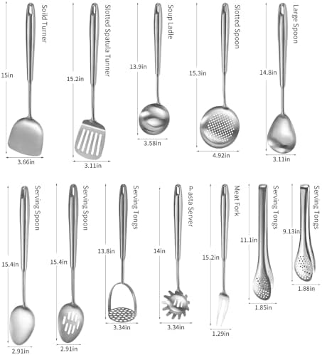 304 Stainlss Steel Kitchen Utensils Set, 12 Pcs Long Metal Cooking Utensil Gadgets Tools Set with Spatula, Ladle, Spoon, Ladle, Skimmer, Tunner, Pasta Server, Tongs(Silver, Dishwasher Safe)