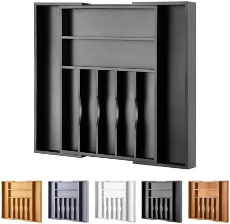 Large Premium Bamboo Silverware Organizer - Expandable Drawer Organizer & Utensil Organizer - 17"x19.7" Cutlery Tray with Dividers for Kitchen Utensils and Flatware (7-9 Slots) (Black)