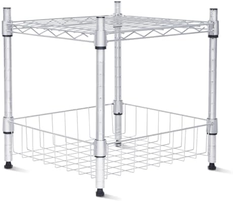 Whitmor 2 Tier Metal Storage Shelves, Heavy Duty Shelf with Basket, 350 lbs Capacity per Shelf, 700 lbs Total, Home Organizer for Kitchen, Garage, Bathroom, 15" L x 14" W x 15" H, Chrome