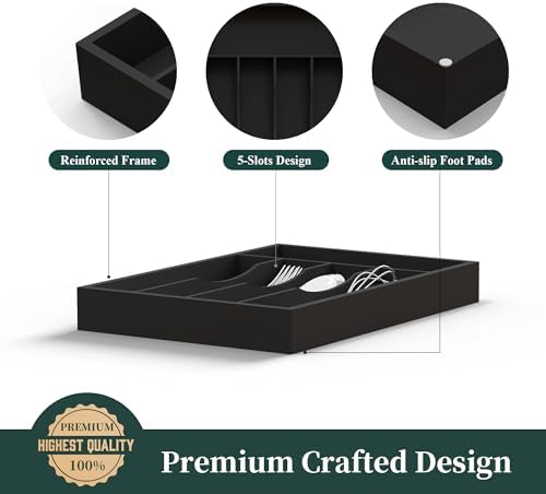 Bamboo Kitchen Sliverware Drawer Organizer (Black, 9.5''W x 13.5''D)