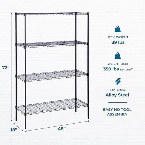 Honey-Can-Do 4-Tier Heavy Duty Extra-Wide Adjustable Shelving Unit, 350-lb Per Shelf Metal Storage Rack, Wire Shelf for Garage Workshop Basement, Black, 48 x 18 x 72 in