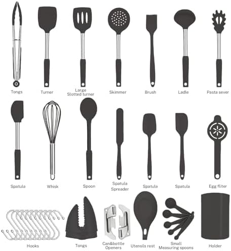 Silicone Kitchen Cooking Utensils Set with Stainless Steel Handle, Spatula Set Utensil Set, Cooking Utensil Set,Kitchen Tools Gadgets for Nonstick Cookware (35, Black)