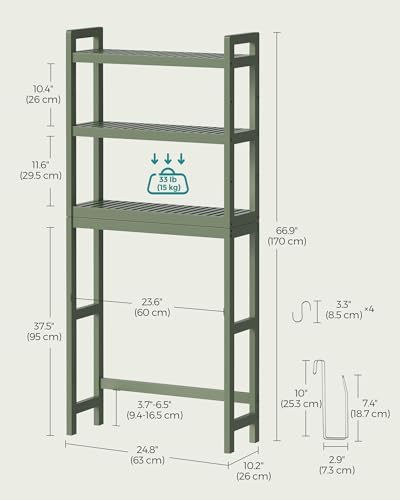 SONGMICS 3-Tier Bamboo Over The Toilet Storage, Adjustable Shelf, 66.9''H
